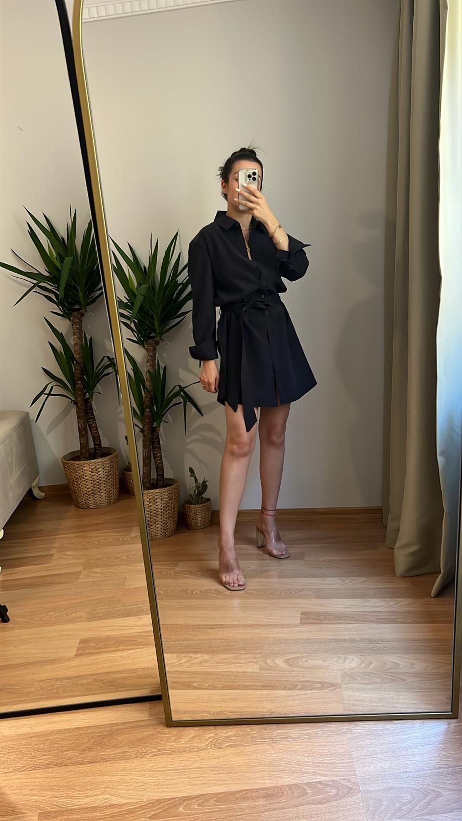 SİYAH TENSEL GÖMLEK ELBİSE