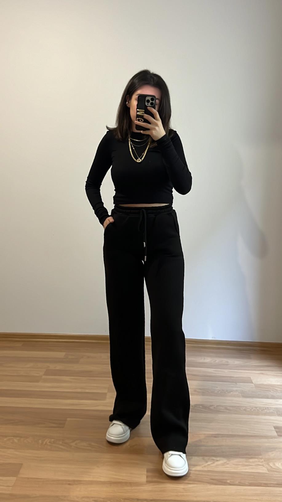 SİYAH ÜÇ İPLİK PALAZZO PANTOLON