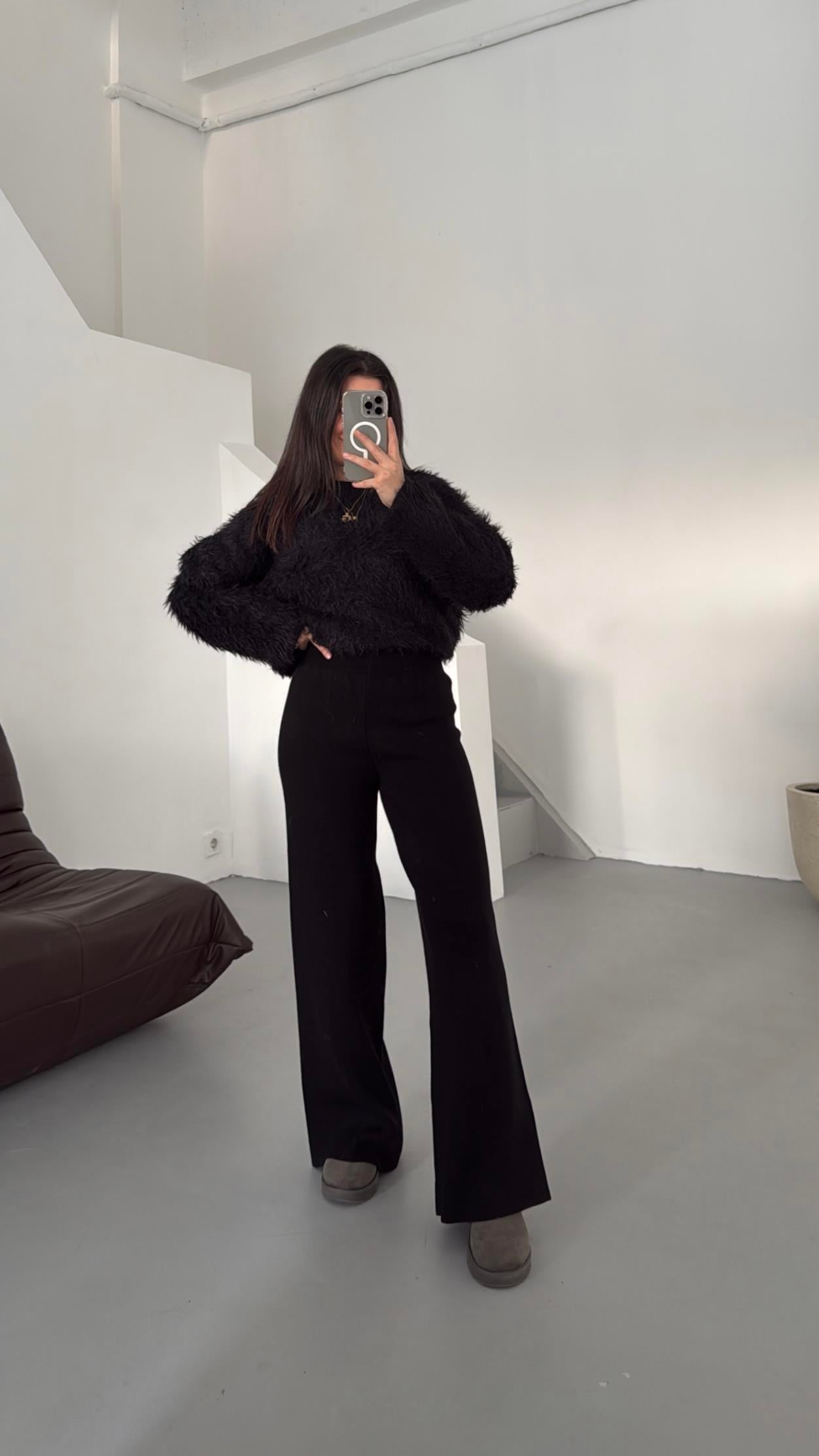 Siyah Ultra Yüksek Bel Triko Pantolon