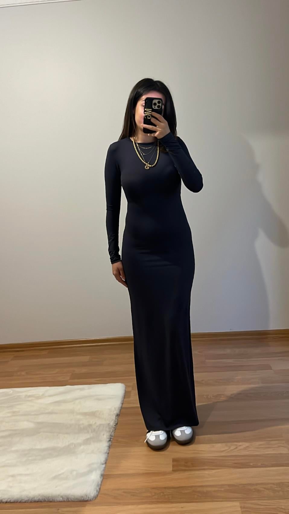 SKINS ANTRASİT STREÇ UZUN KOLLU MAXİ ELBİSE