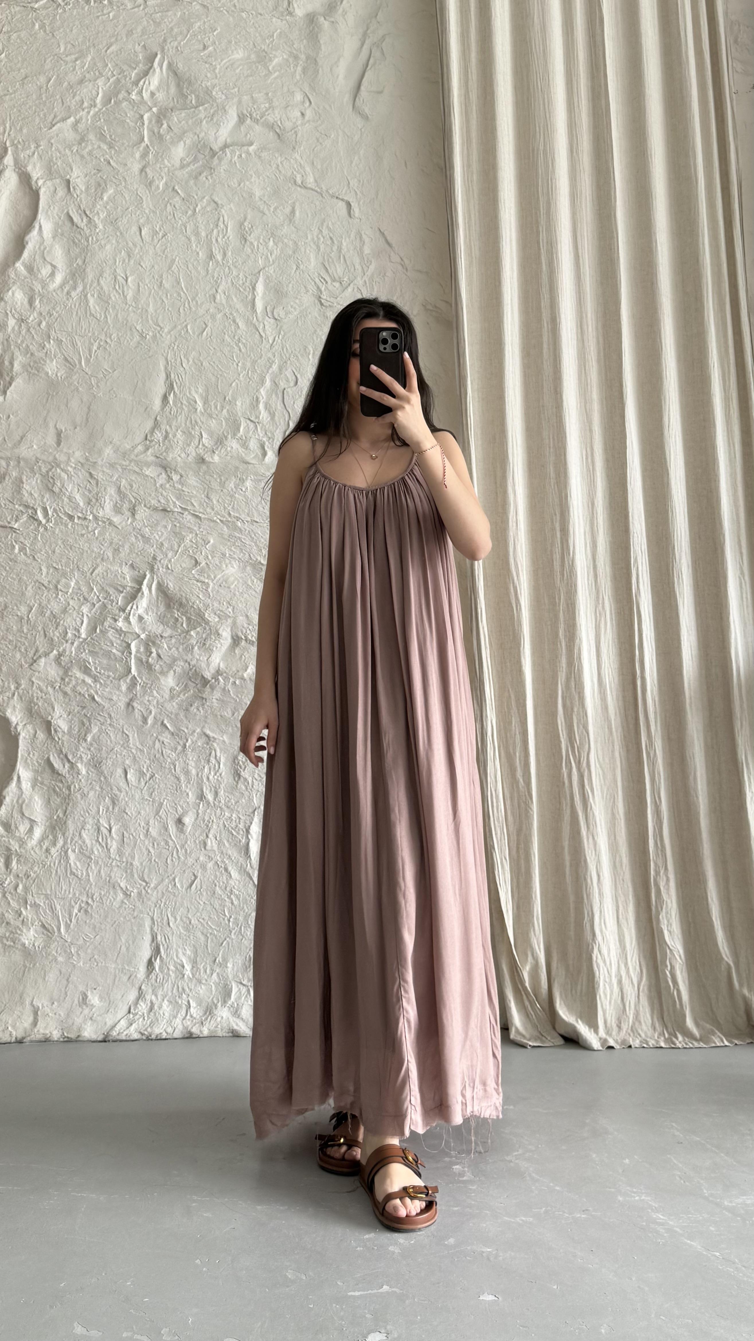 Soft Kahve İp Askılı Helen Keten Elbise