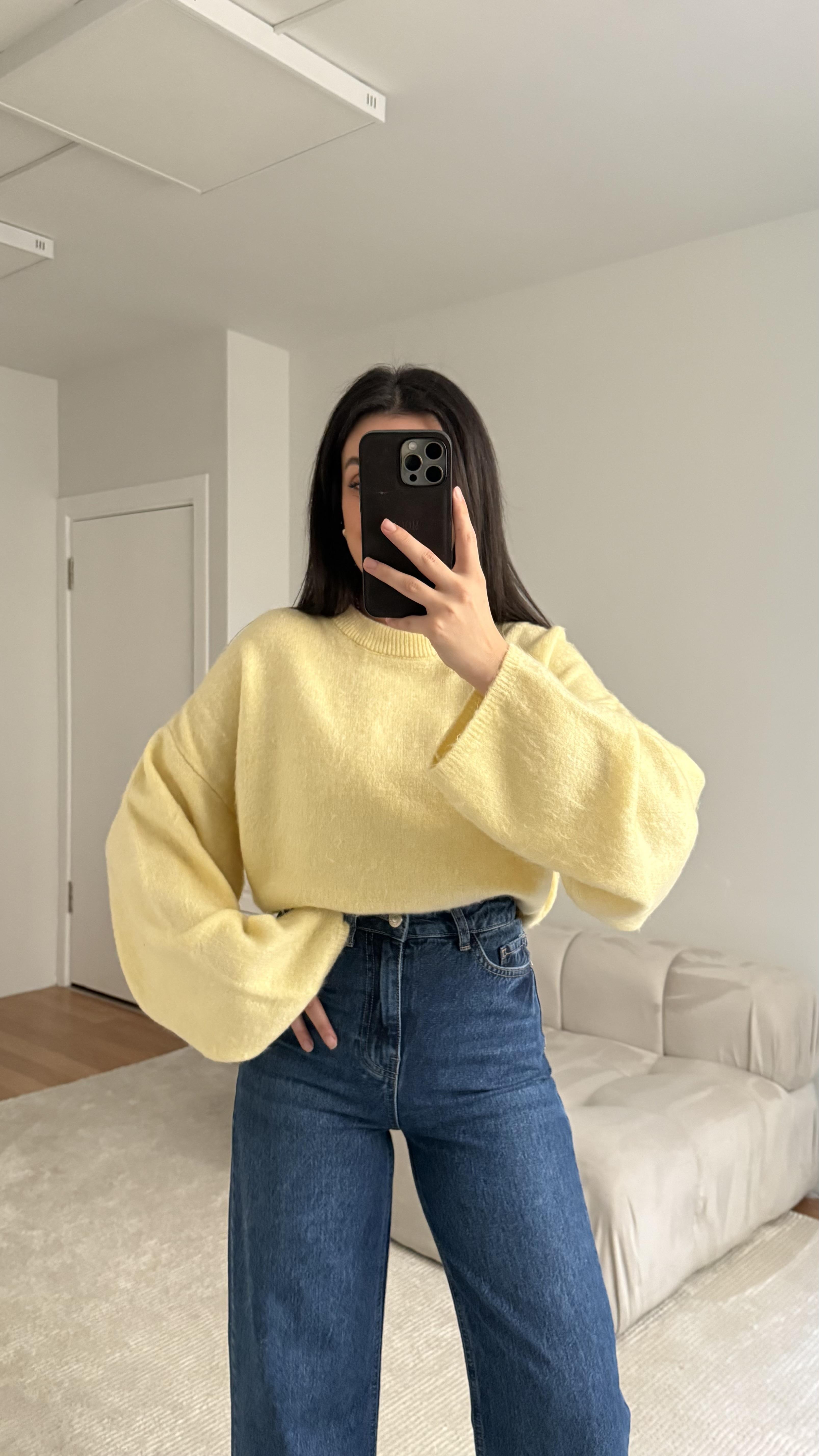 Soft Sarı Bisiklet Yaka Balon Kol Kazak