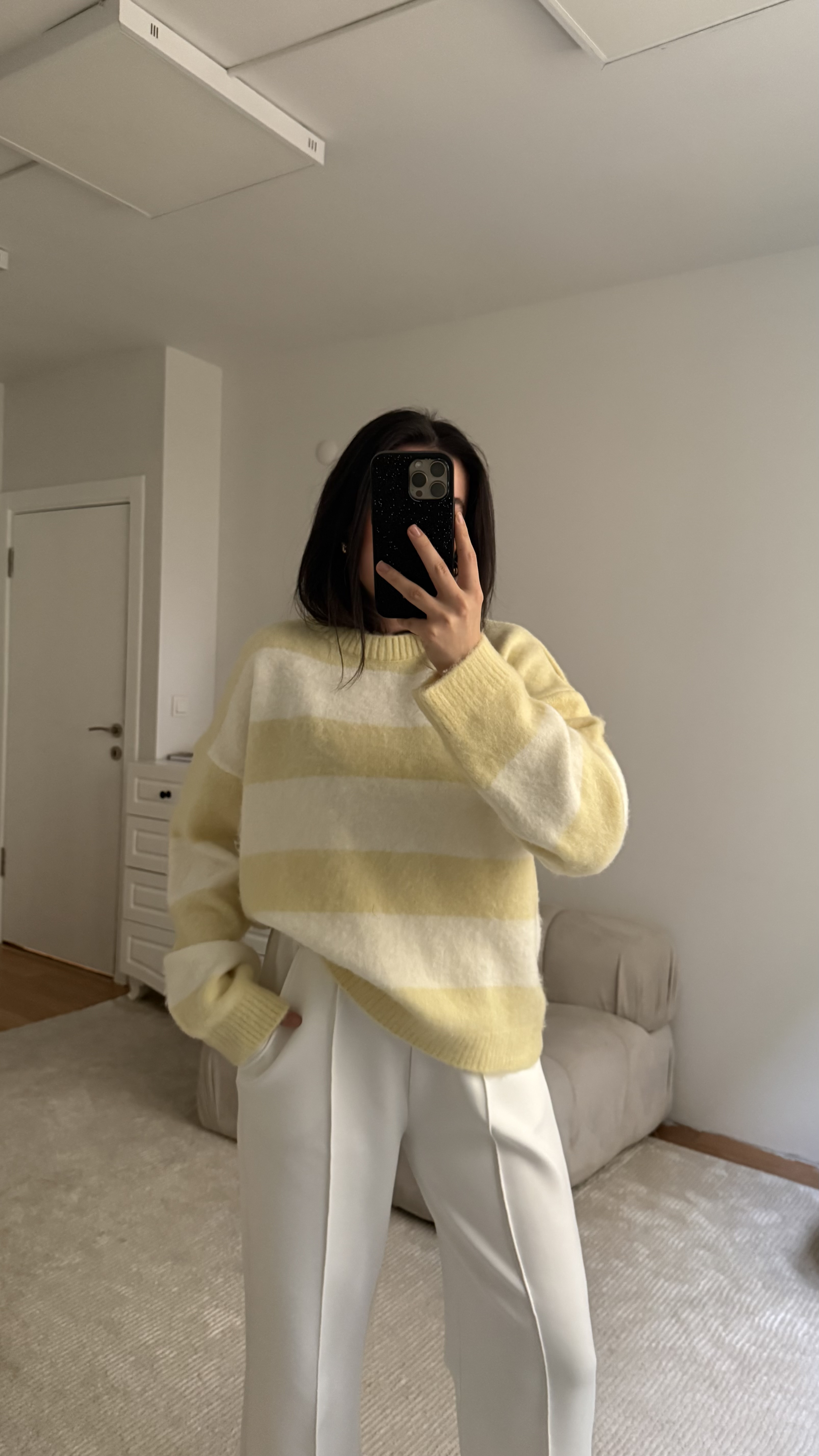 Soft Sarı Çizgili Bisiklet Yaka Kazak