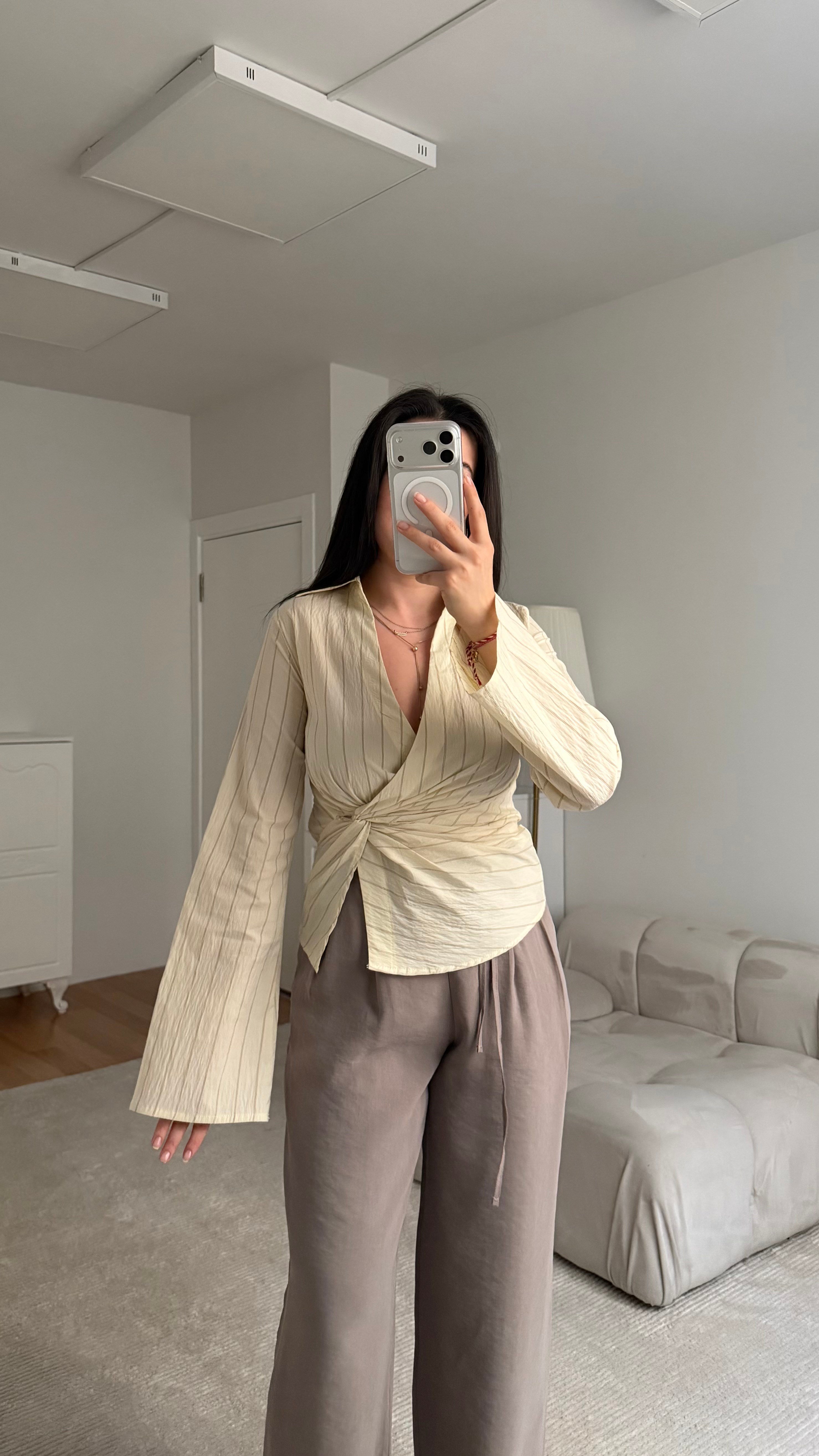 Soft Sarı Çizgili Kruvaze Bağlamalı Gömlek 