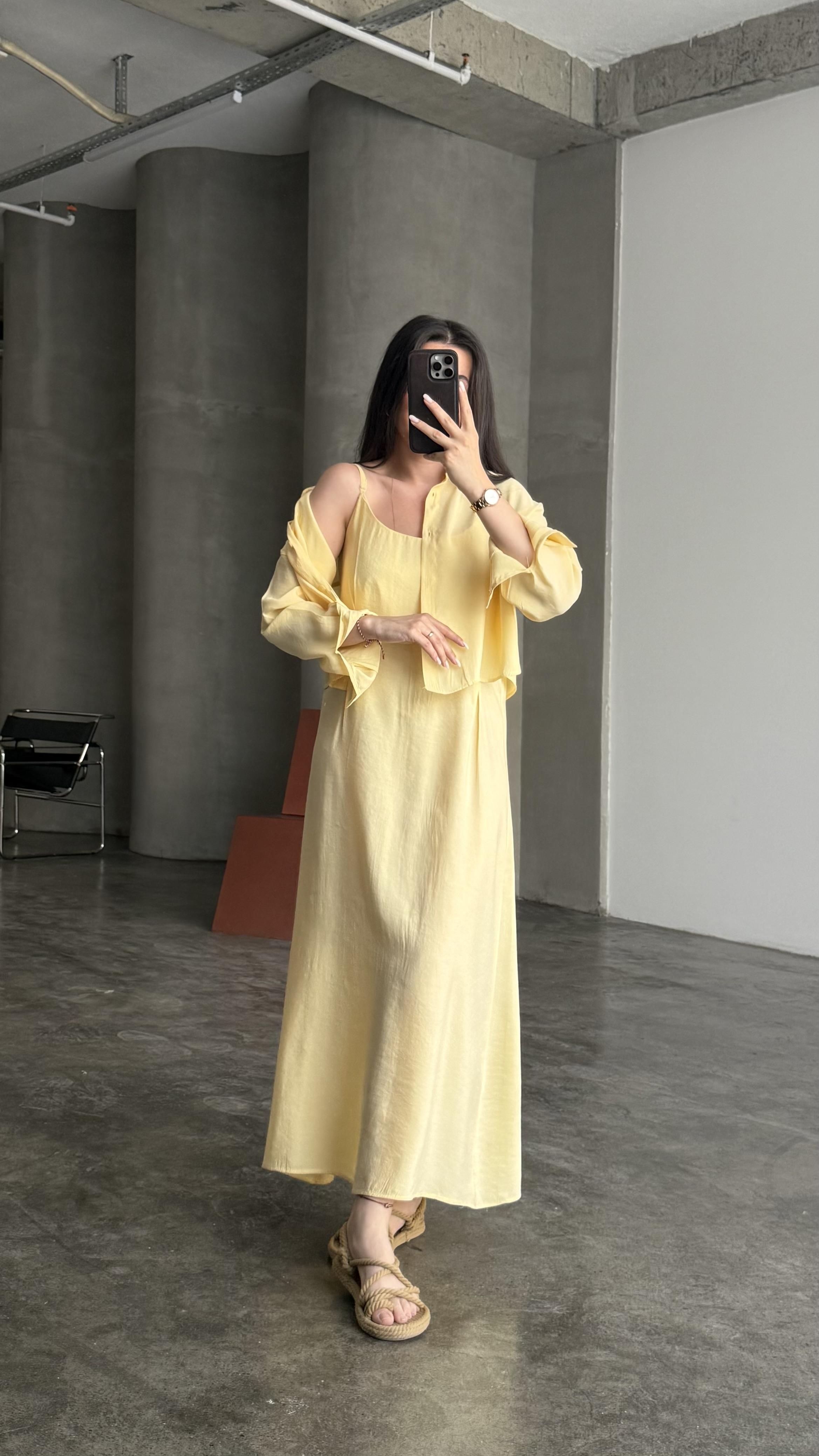 Soft Sarı Gömlekli İp Askılı Elbise Tensel Takım