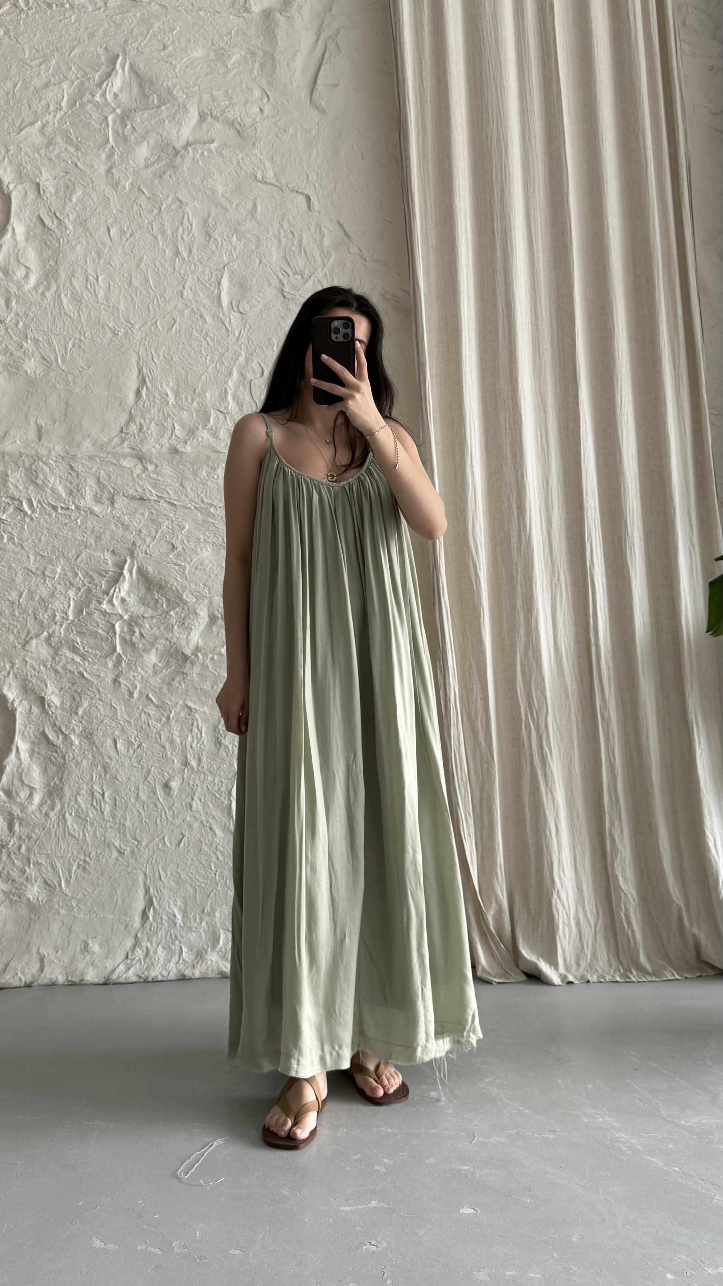 Soft Yeşil İp Askılı Helen Keten Elbise