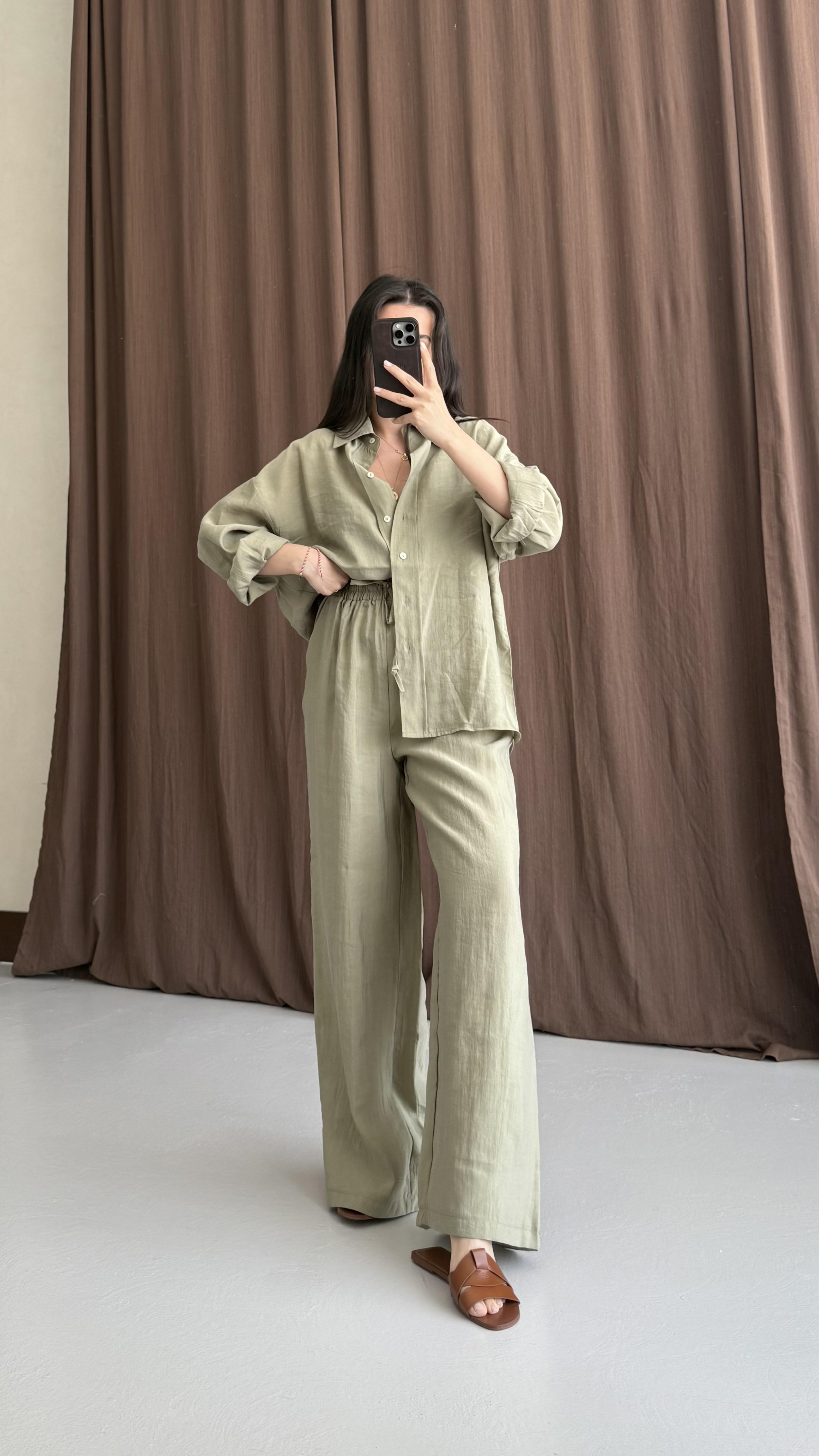 Soft Yeşil Premıum Tensel Gömlek Palazzo Takım