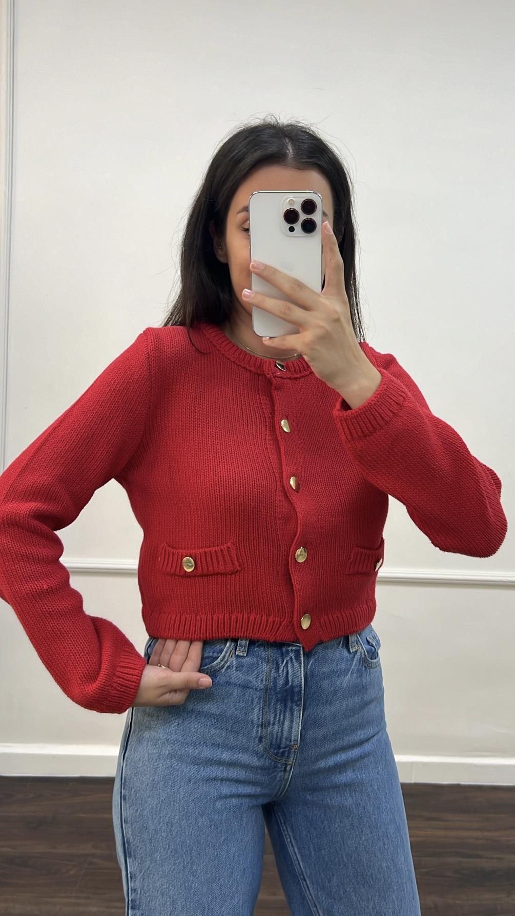 Star Kırmızı Gold Düğme Triko Hırka