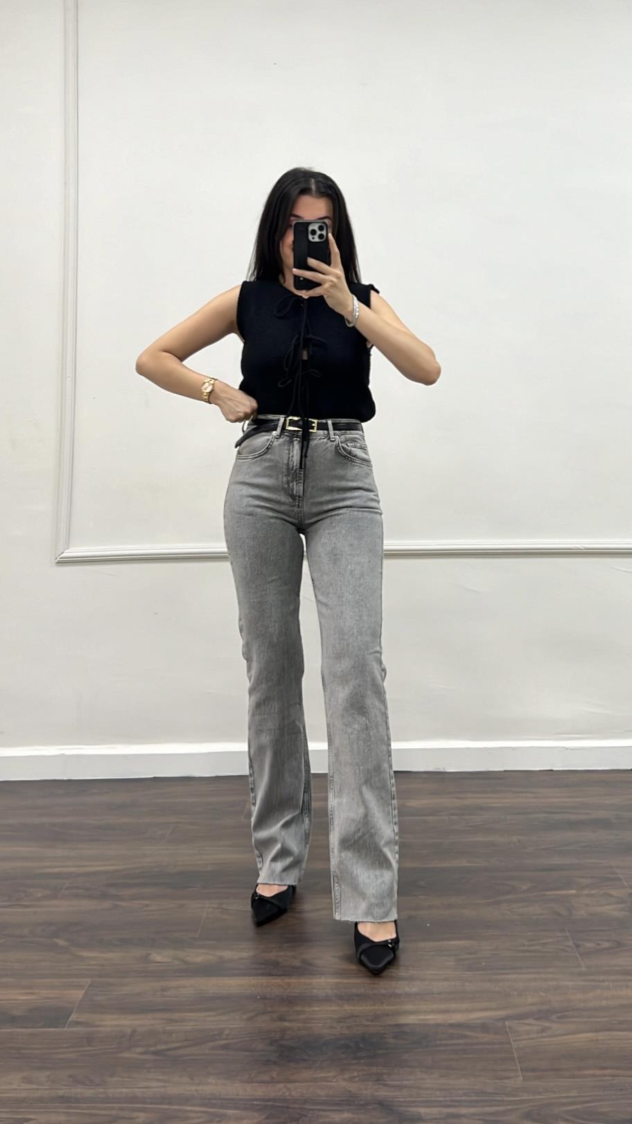 Star Koyu Gri Lazer Kesim Straight Jean