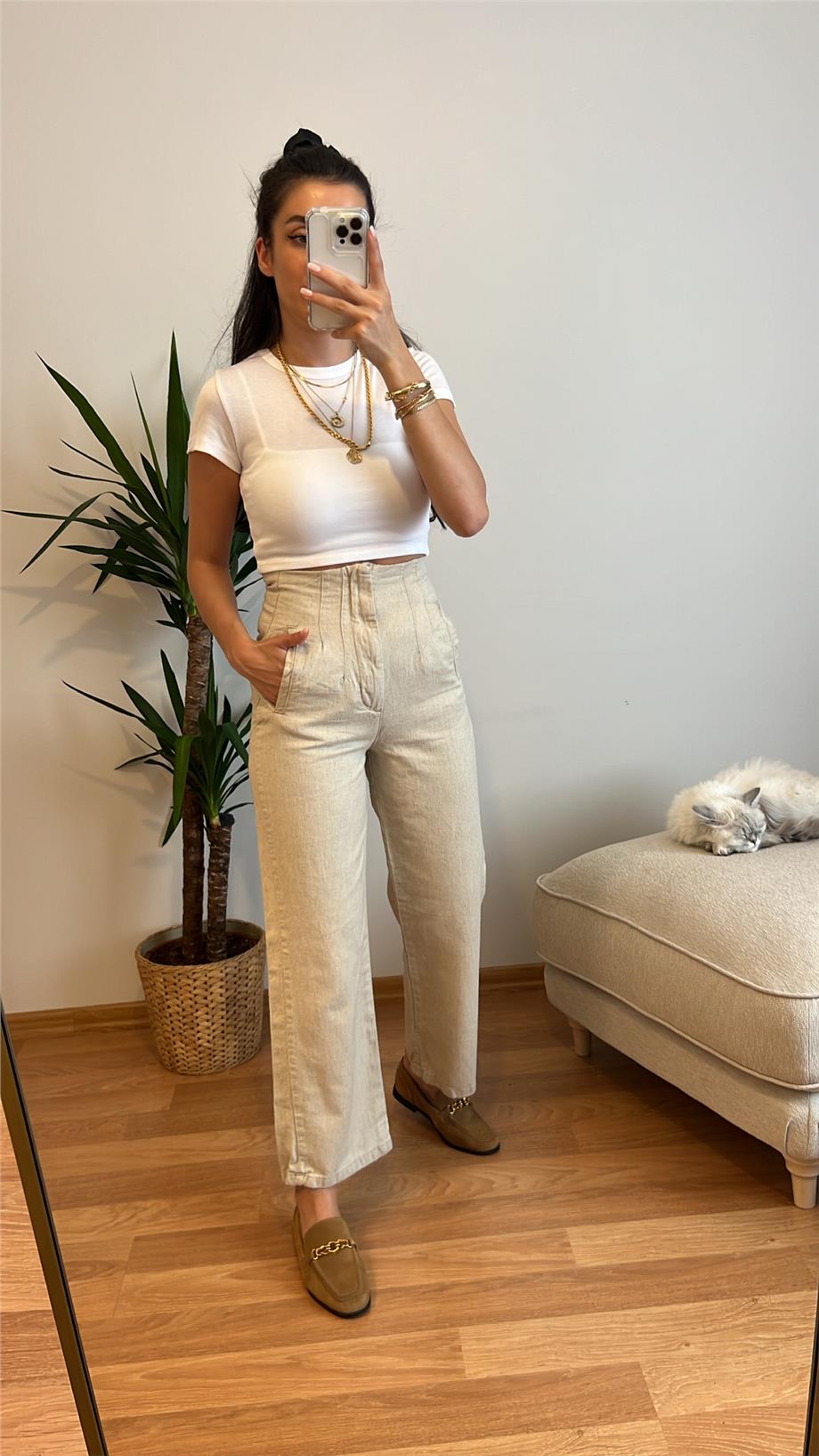 Strd Bej Ham Keten Pantolon