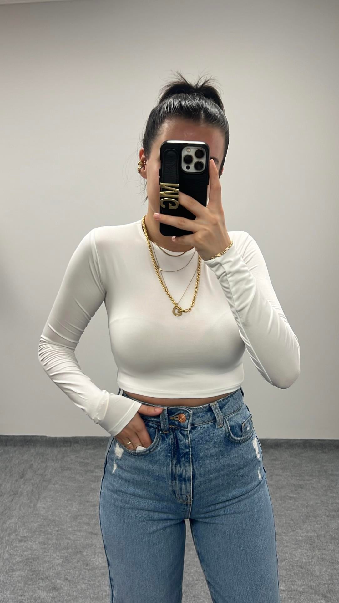 STREÇ BEYAZ UZUN KOLLU CROP BADİ