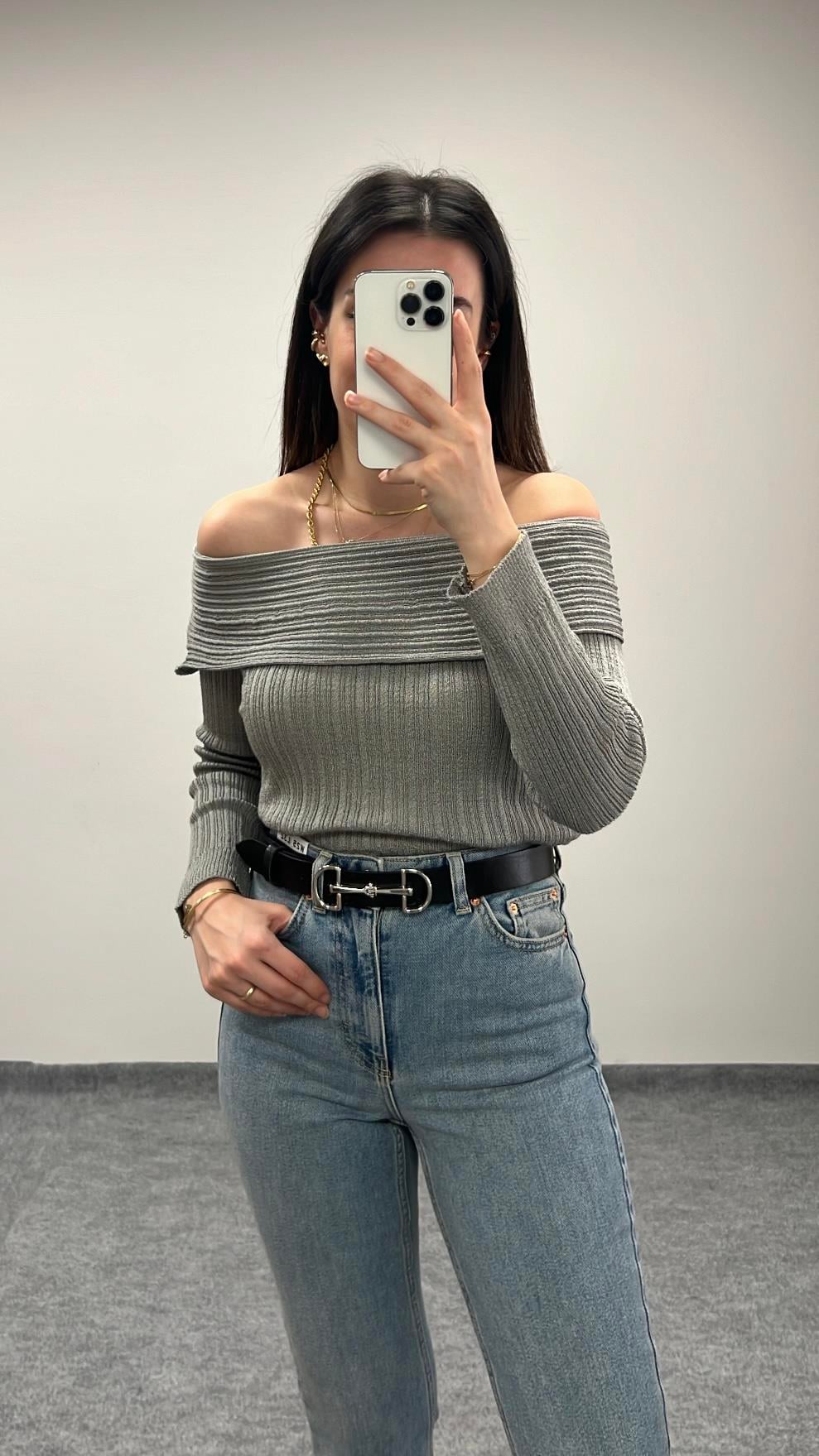 TALA GRİ MADONNA YAKA İNCE ÖRME TRİKO