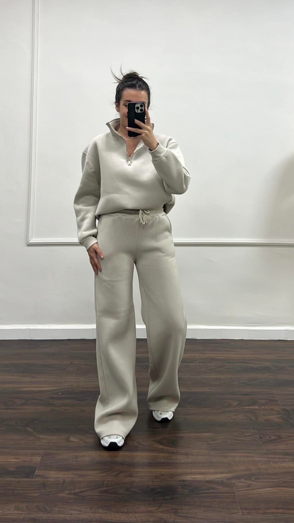 Taş Dik Yaka Sweatshirt Palazzo Pamuklu Takım