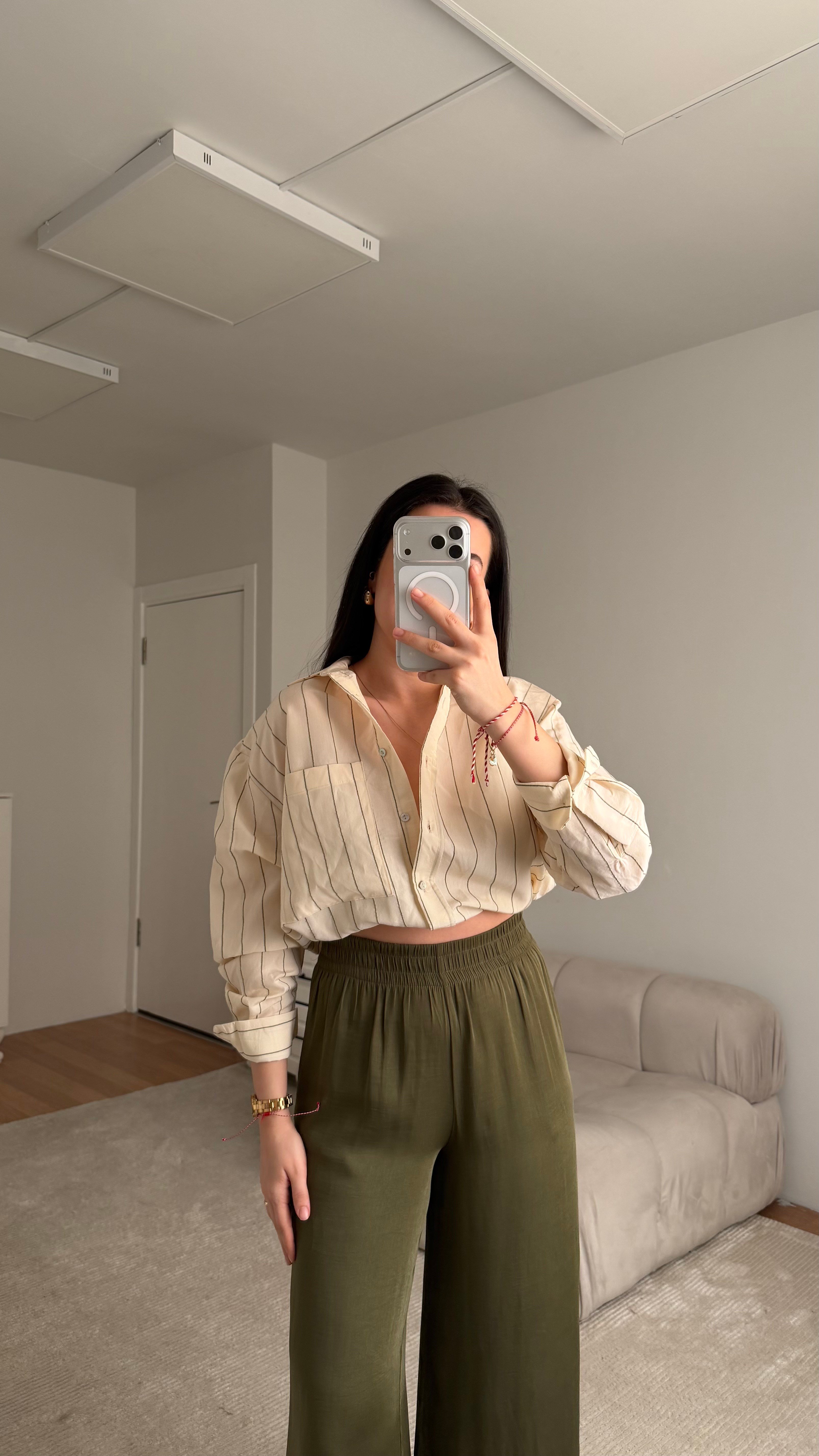 Taş Haki Çizgili Oversize Poplin Gömlek