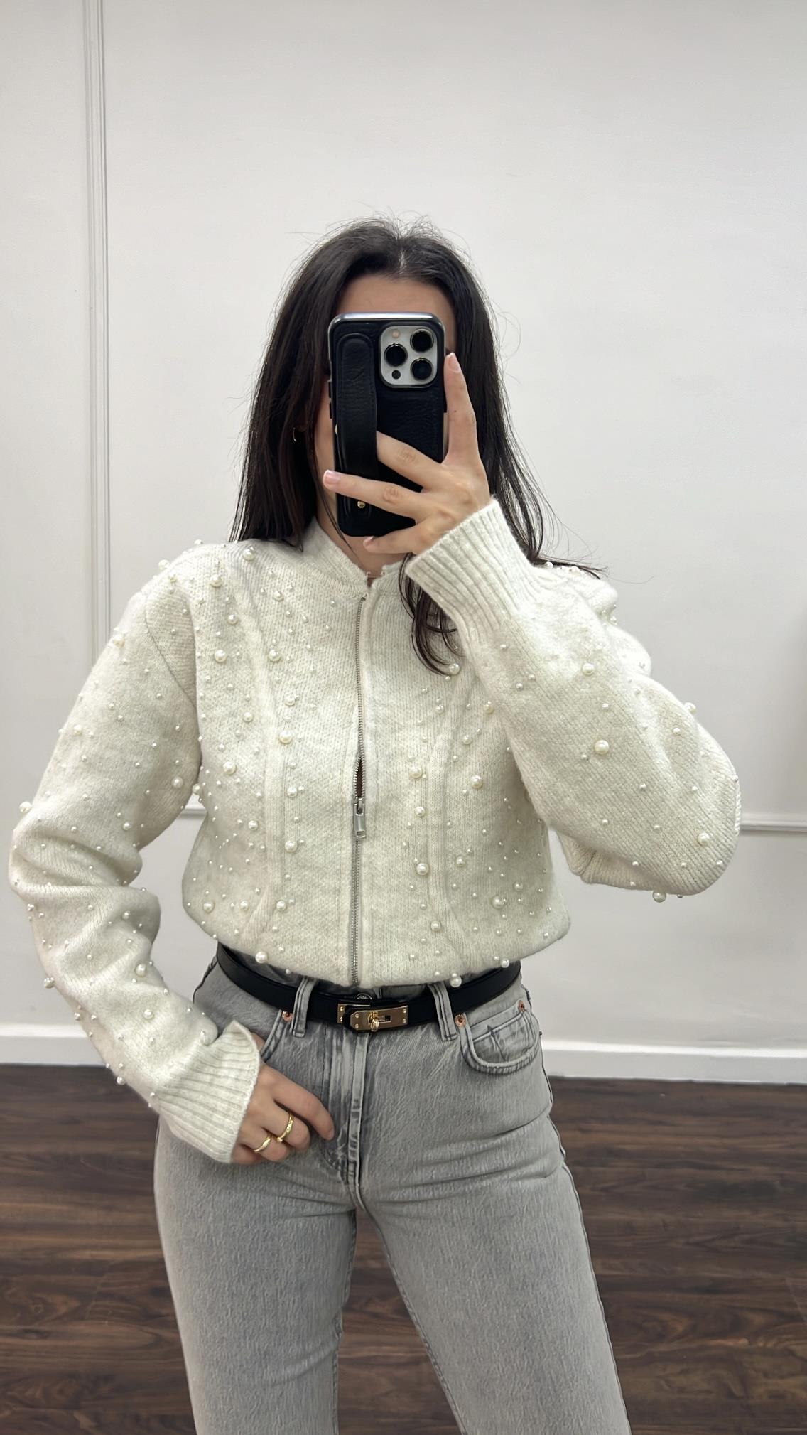 Taş İnci Detay İşlemeli Triko Bomber Ceket