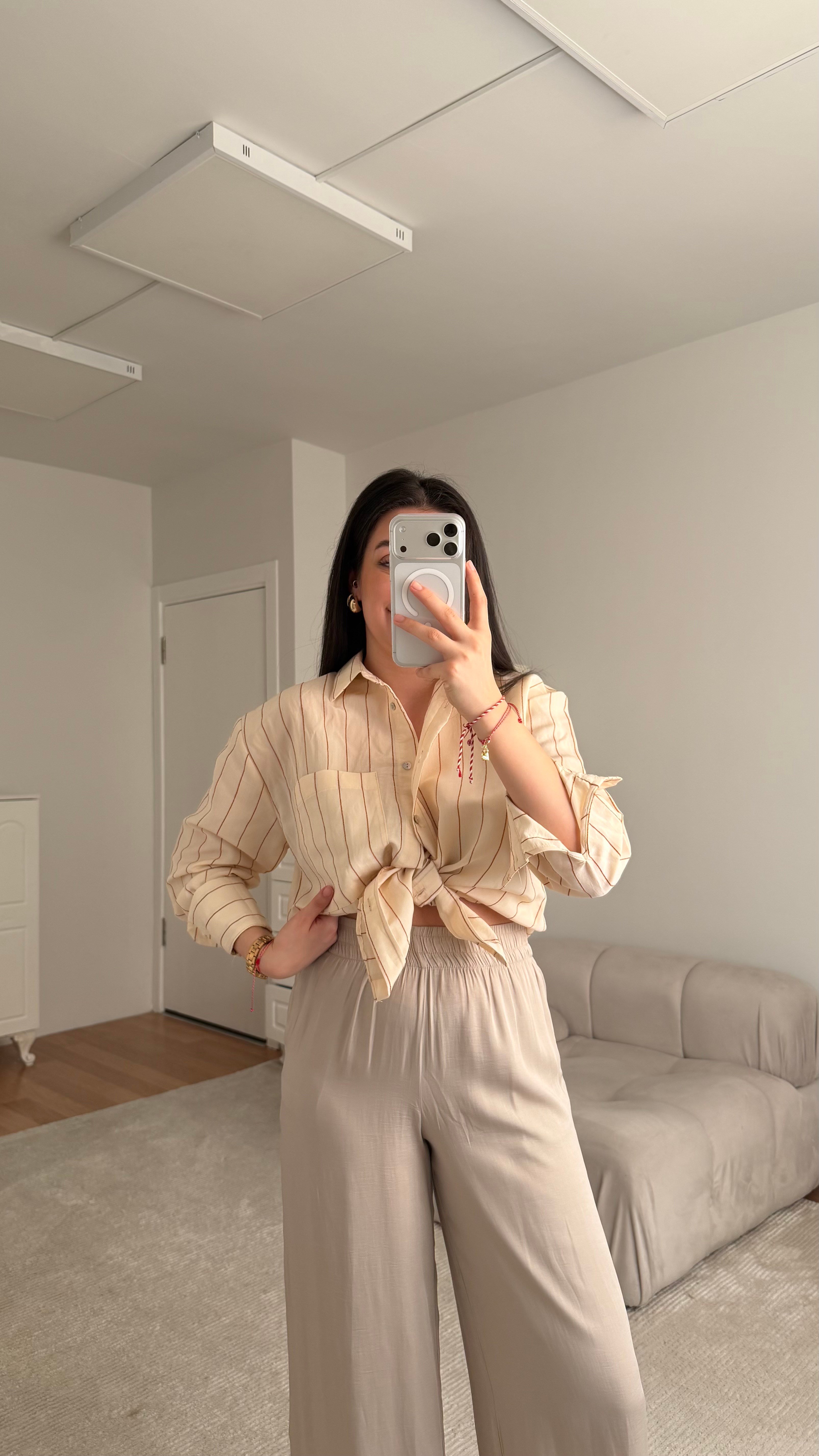 Taş Kahve Çizgili Oversize Poplin Gömlek