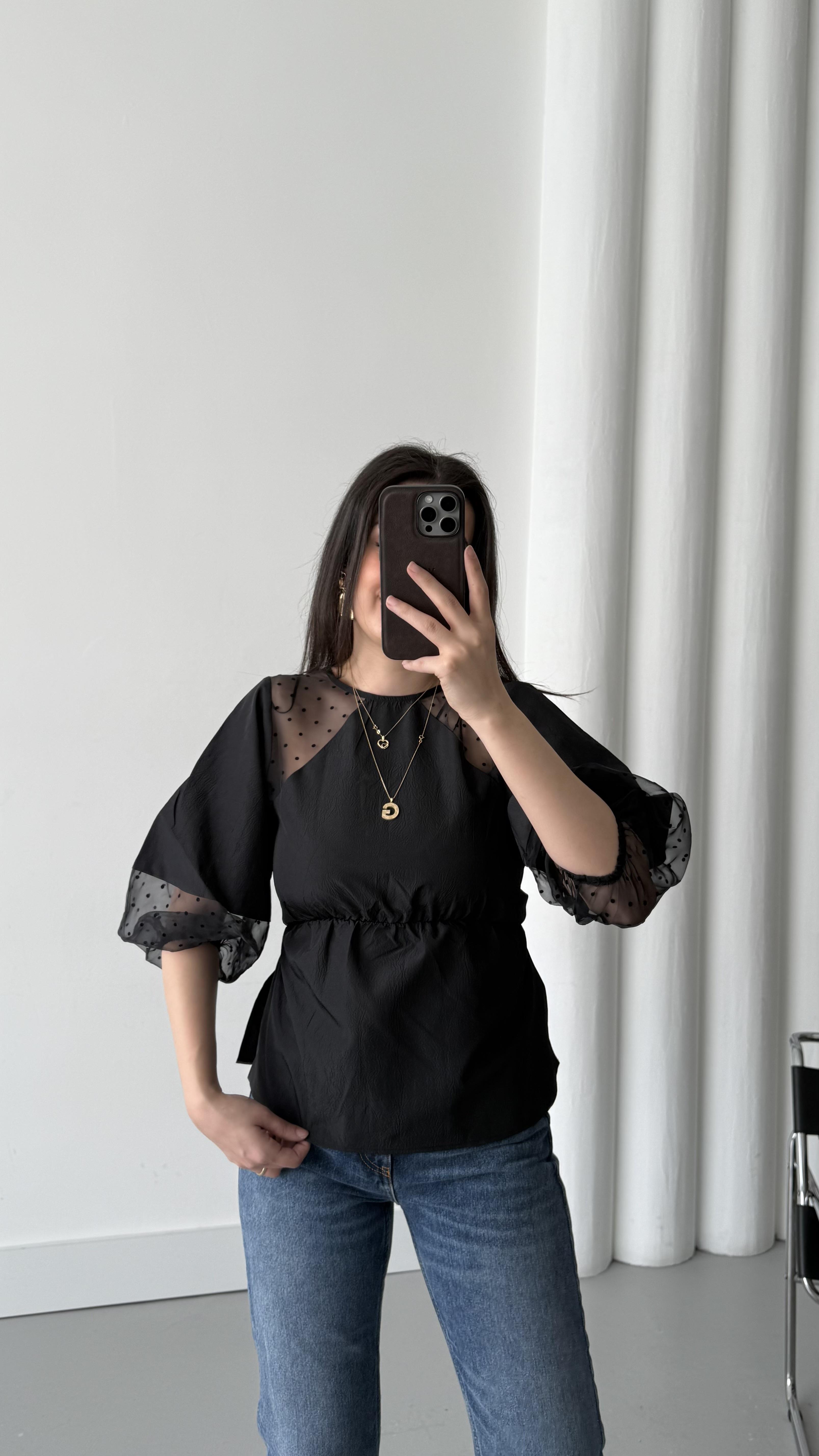 Topsh Siyah Şifon Detaylı Bağlamalı Bluz