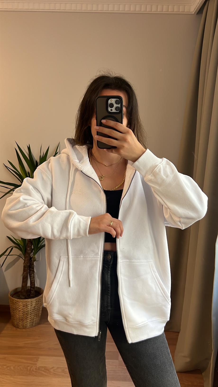 URBAN BEYAZ ŞARDONLU FERMUARLI SWEATSHIRT