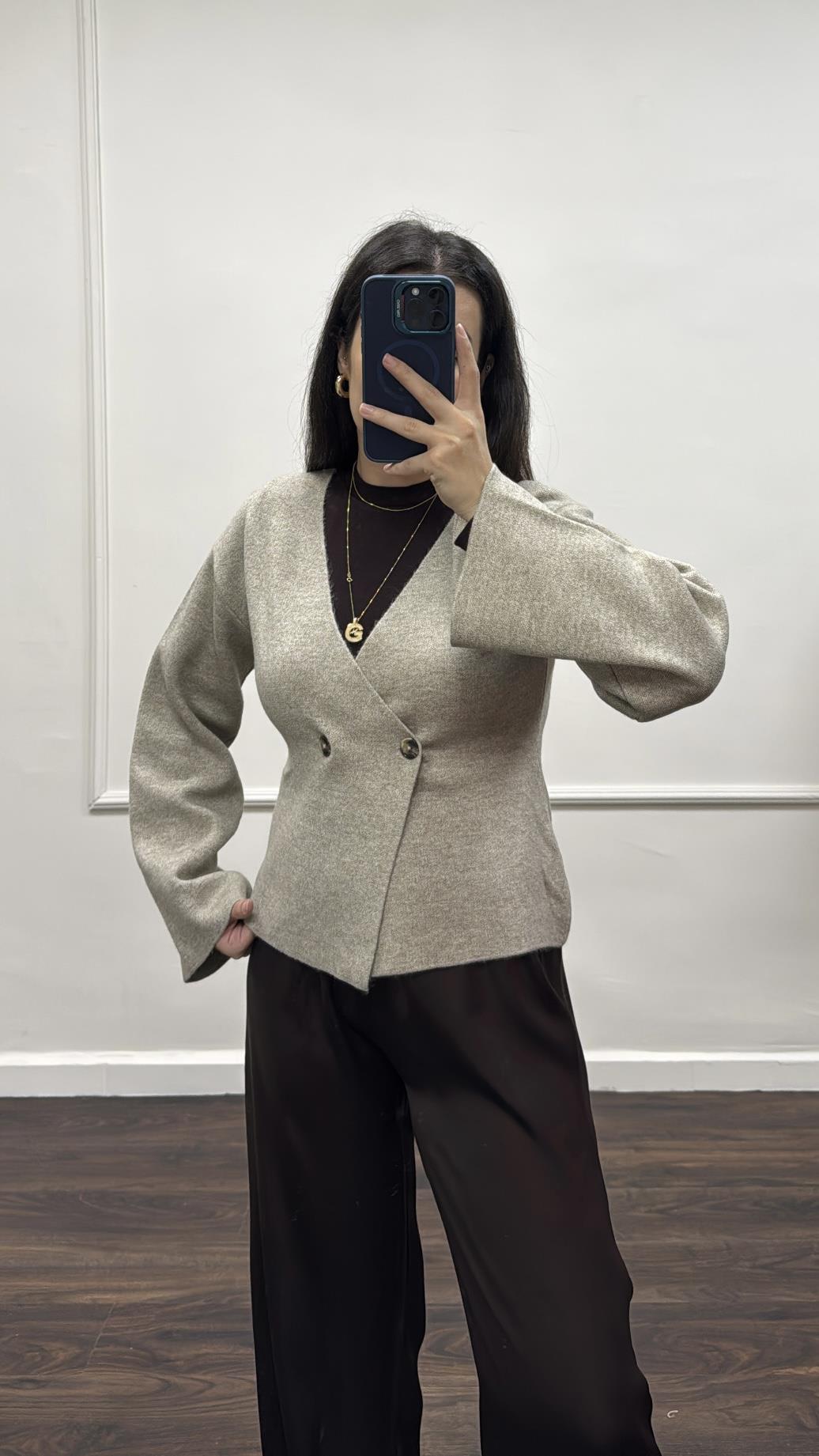 Vizon V Yaka Viskon Triko Örme Ceket Hırka