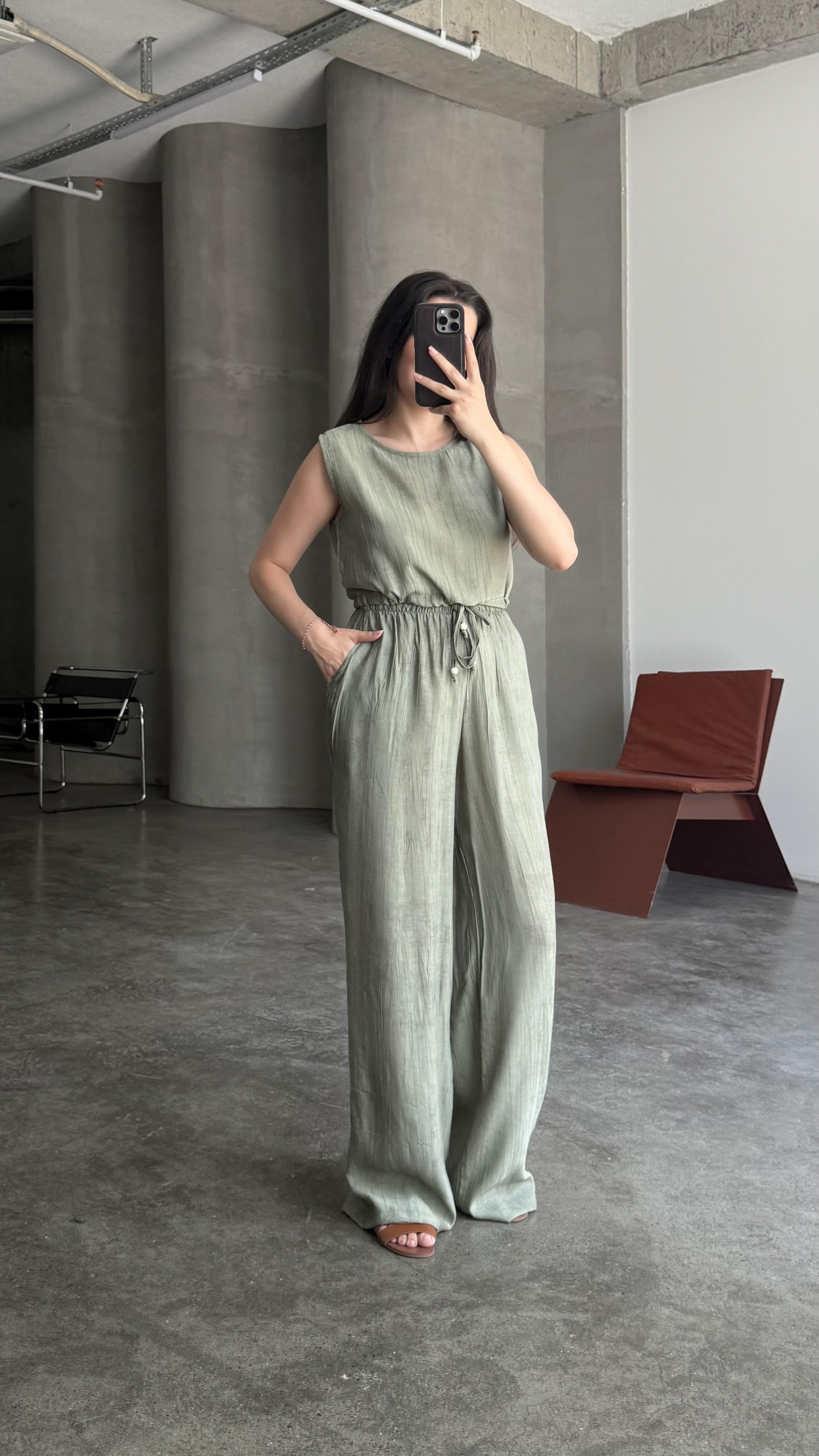 Yeşil Bağcıklı Crop Pantolon Takım