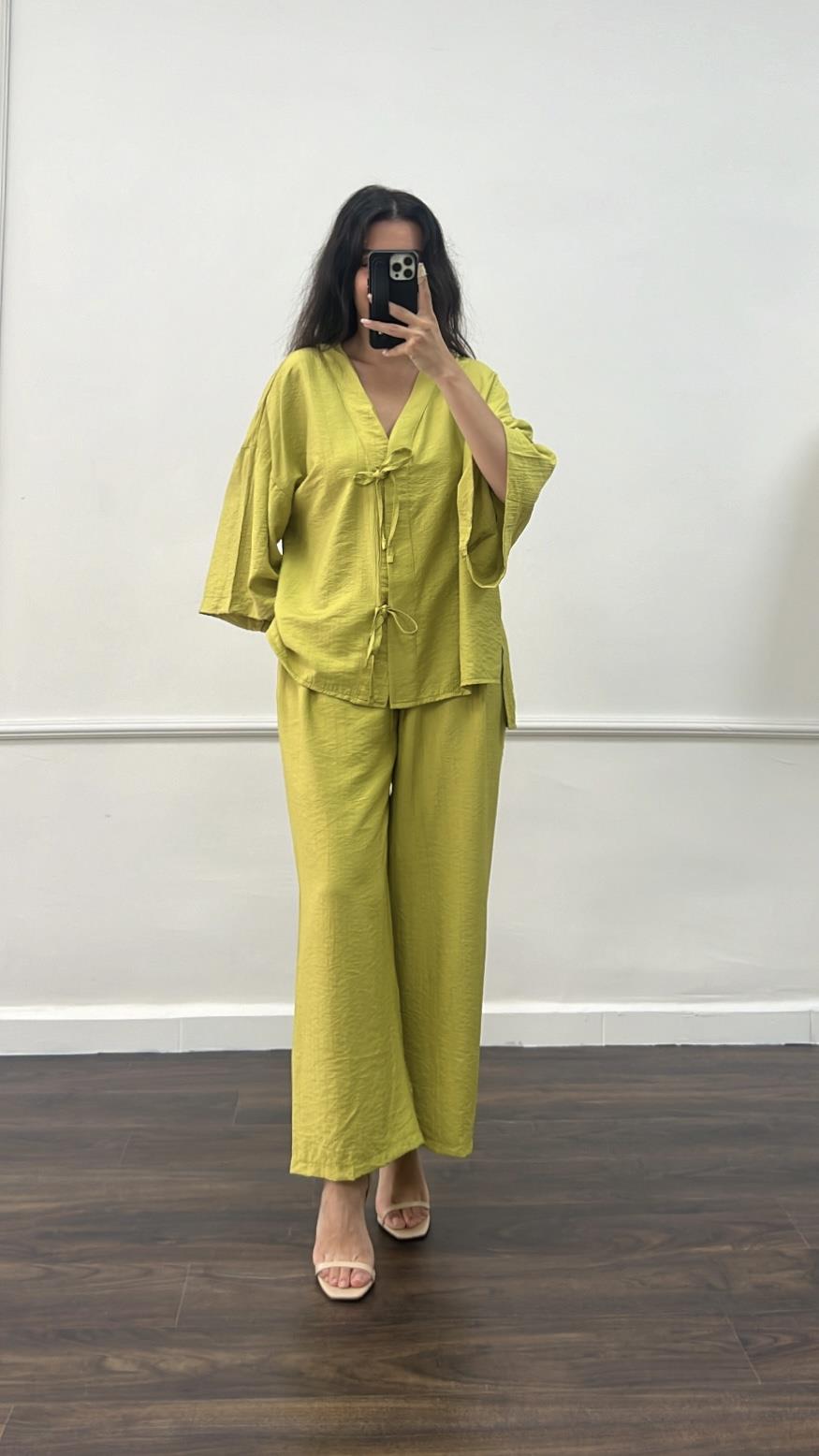 Yeşil Premium Bağlamalı Kimono Pantolon Takım