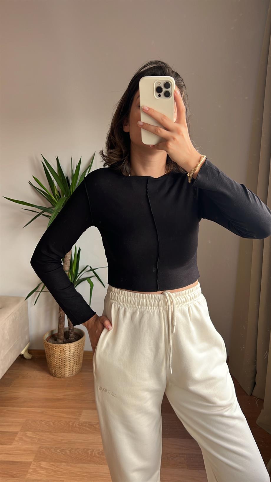 ZR SİYAH DIŞ DİKİŞ DETAY UZUN KOLLU CROP