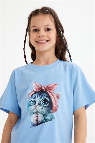 Pembe Kurdela Kedi Baskılı Mavi Çocuk Tişört 5 - 15 Yaş Arası | Ücretsiz  Kargo