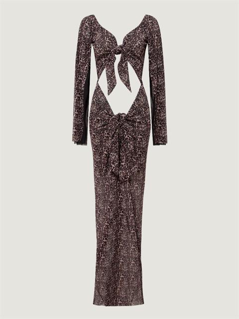 2 Parça Önü Bağlamalı Dekolteli Uzun Elbise -Leopar Desenli