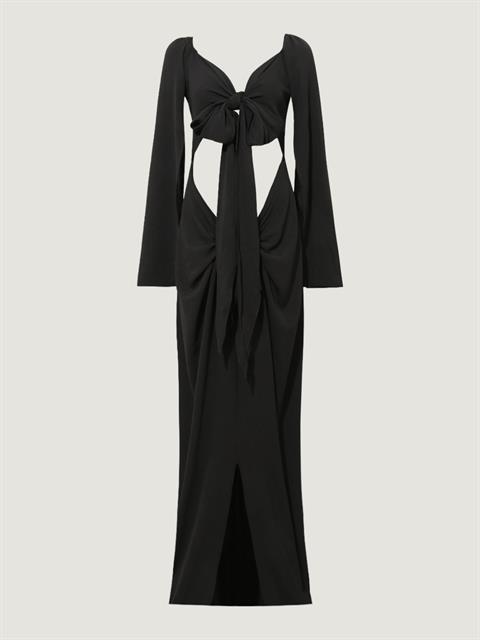 2 Parça Önü Bağlamalı Dekolteli Uzun Elbise - Siyah