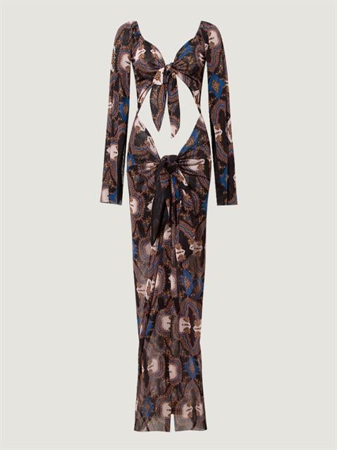 2 Parça Önü Bağlamalı Dekolteli Uzun Elbise - Desenli