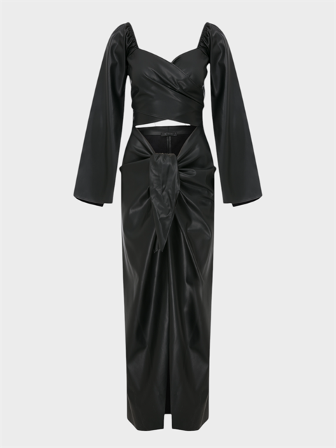 2 Parçalı Önü Bağlamalı Dekolteli Uzun Vegan Deri Elbise - Siyah