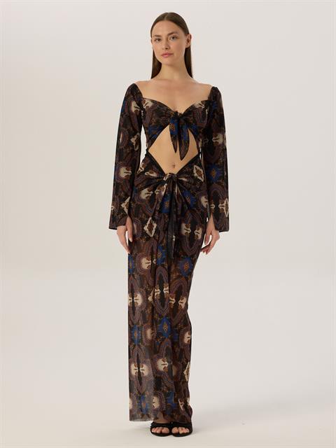 2 Parça Önü Bağlamalı Dekolteli Uzun Elbise - Desenli