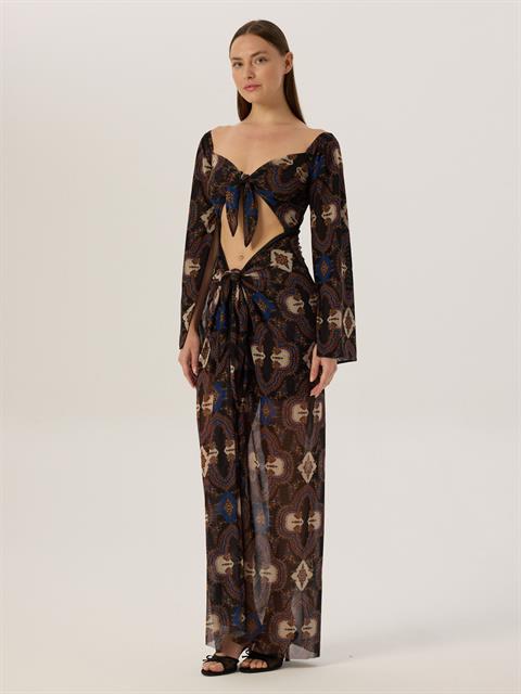 2 Parça Önü Bağlamalı Dekolteli Uzun Elbise - Desenli