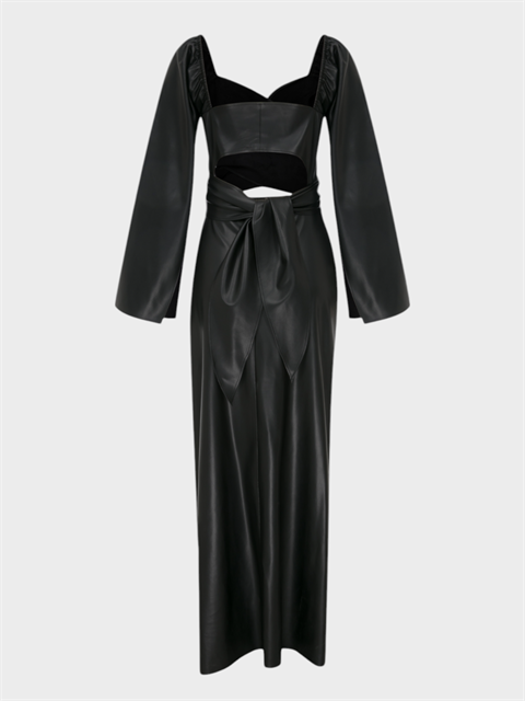 2 Parçalı Önü Bağlamalı Dekolteli Uzun Vegan Deri Elbise - Siyah