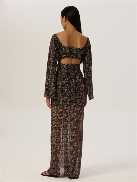 2 Parça Önü Bağlamalı Dekolteli Uzun Elbise -Leopar Desenli
