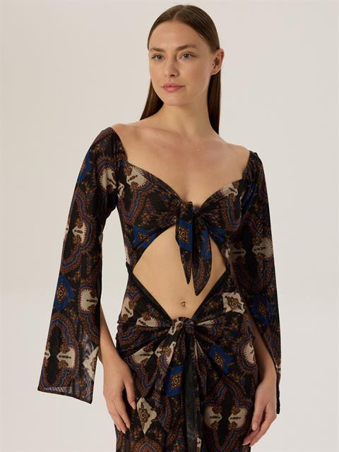 2 Parça Önü Bağlamalı Dekolteli Uzun Elbise - Desenli