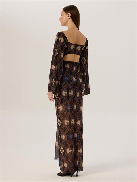 2 Parça Önü Bağlamalı Dekolteli Uzun Elbise - Desenli