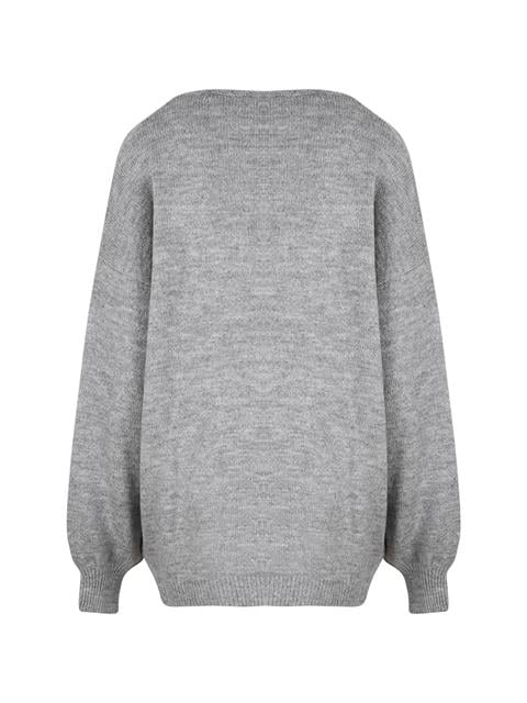 V Yaka Oversize Triko - Gri Melanj