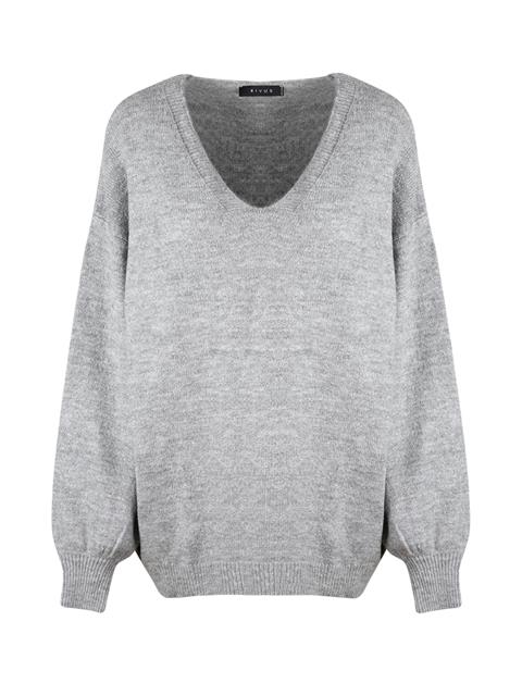 V Yaka Oversize Triko - Gri Melanj