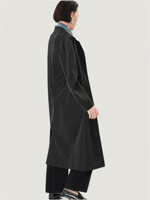 Oversize Kesim Düğmeli ve Cep Detaylı Uzun Trençkot - Siyah