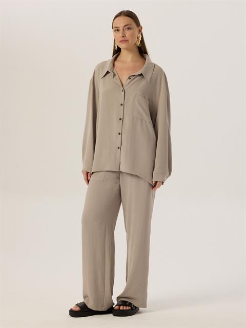 Oversize Cep Detaylı Dökümlü Gömlek - Gri