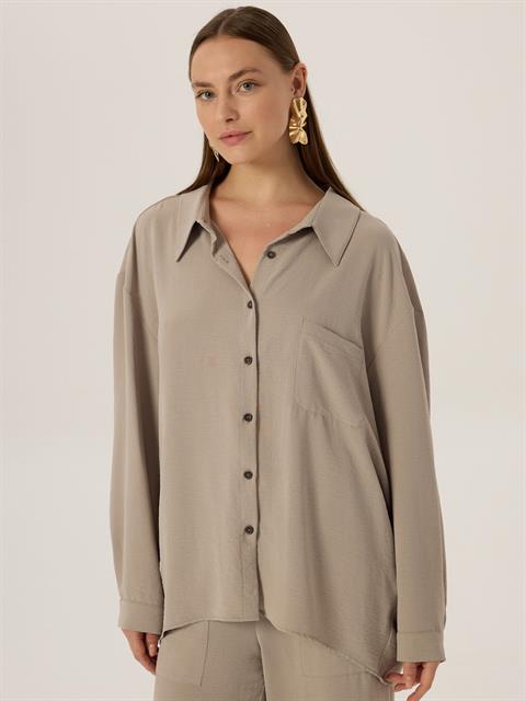 Oversize Cep Detaylı Dökümlü Gömlek - Gri