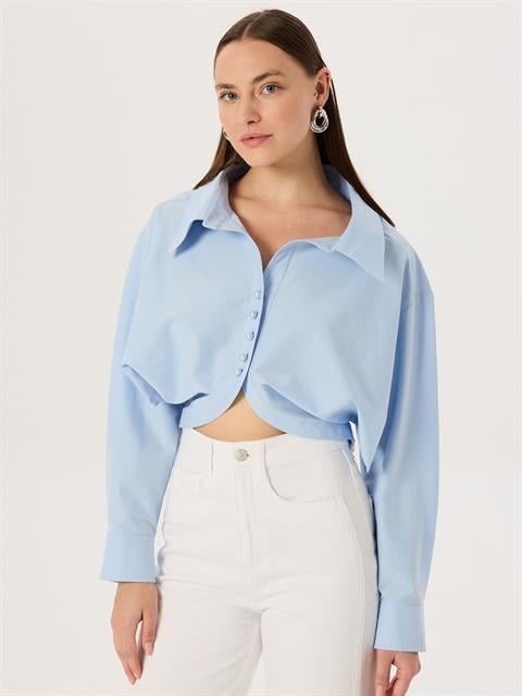 İnci Düğmeli Oversize Koton Gömlek - Mavi