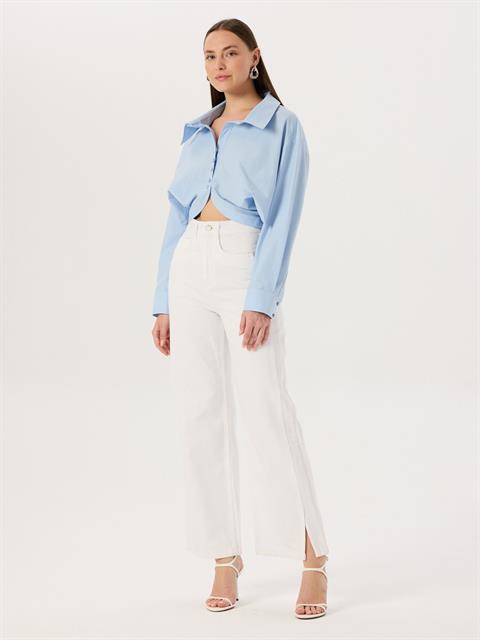 İnci Düğmeli Oversize Koton Gömlek - Mavi