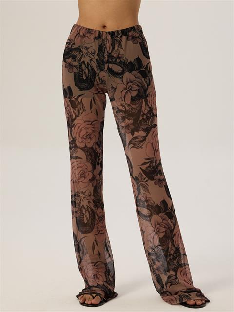 Beli Lastikli Flare Fit Tül Pantolon - Dövme Desenli