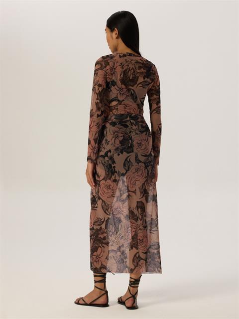 Bisiklet Yaka Uzun Kol Tül Bluz - Dövme Desenli