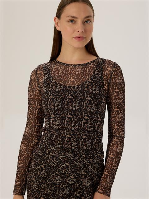 Bisiklet Yaka Uzun Kol Tül Bluz - Leopar Desenli