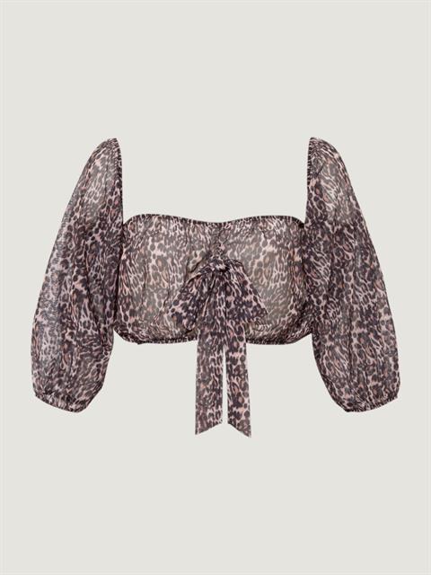 Düşük Omuzlu Fonksiyonel Bağlamalı Crop Bluz -Leopar Desenli