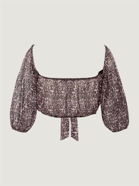 Düşük Omuzlu Fonksiyonel Bağlamalı Crop Bluz -Leopar Desenli