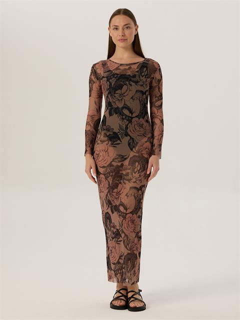 Geniş Bisiklet Yaka Uzun Kol Maxi Boy Tül Elbise - Dövme Desenli